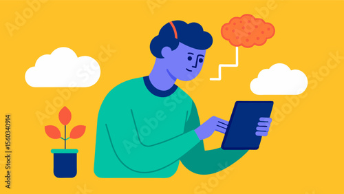 A person using a tablet or smartphone to access a brain training app showcasing the convenience and accessibility of brain fitness programs.. Vector illustration