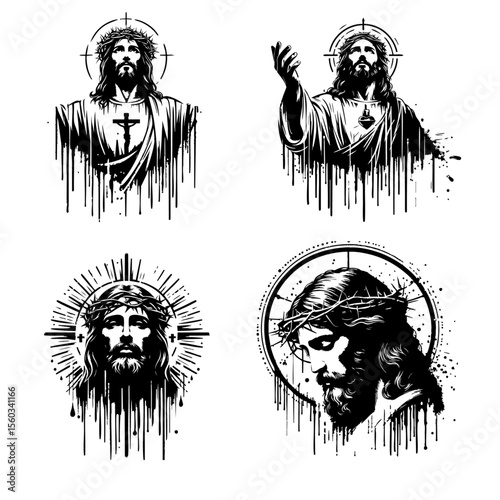 Jesus Silhouette Grunge Splatter and Dripping Spray Effects