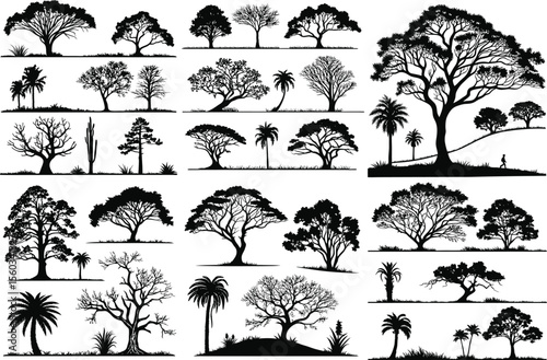 Unique Tree Silhouettes for Eco Vector Projects