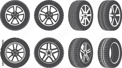 Eight Gray Car Wheels and Tires Different Views wheel rim