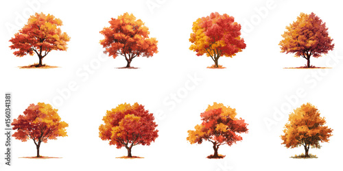 Autumnal Orange Trees Side View Illustration Set. Landscape Architecture And Seasonal Garden Design Collection. Vibrant Foliage. Isolated Vector Illustration
