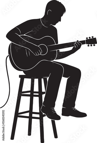 Seated Guitarist Silhouette – Black and White Musical Expression

Side Profile Silhouette of a Guitar Player on Stool – Vector Illustration