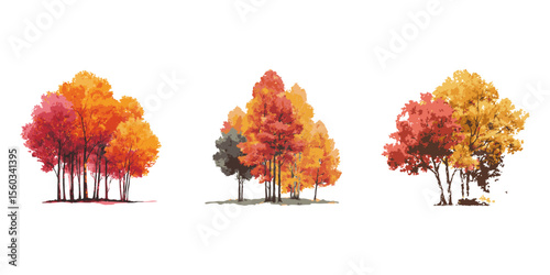 Orange Autumn Trees Digital Vector Illustration Set. Seasonal Landscape Design And Environmental Planning Collection. Isolated Vector Illustration