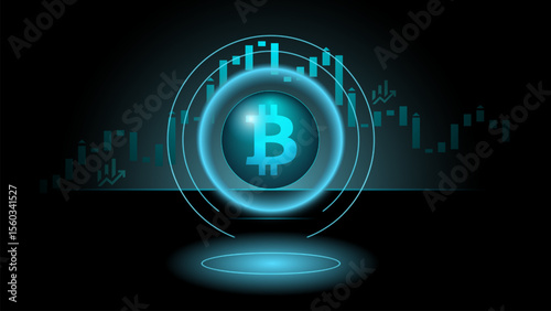 Futuristic bitcoin symbol glows alongside dynamic charts, highlighting cryptocurrency trading and finance trends. Concept of digital economy evolution and innovation.