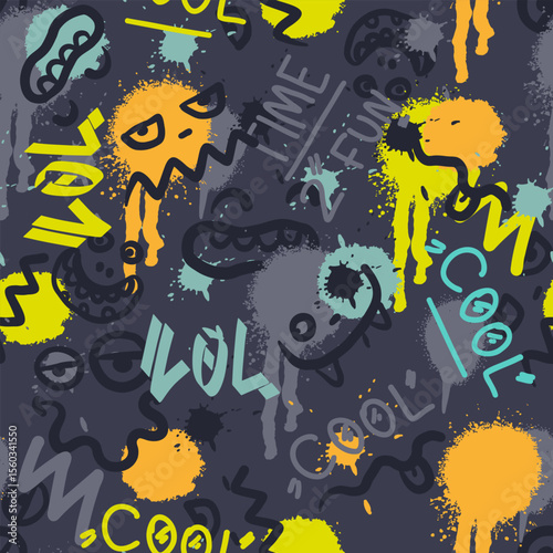 Groovy smile seamless pattern in Urban street art style on black background. Graphic underground unisex design for t-shirts. Psychedelic rave background. Neon colors