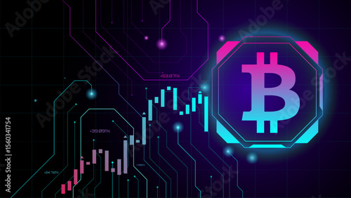 Futuristic illustration of digital bitcoin logo integrated into circuitry and trading graphs. Concept of financial technology innovation and virtual currency trends.