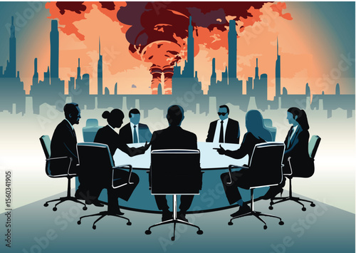 Business team holds a corporate meeting in a futuristic city while pollution and smoke rise in the background. Dramatic dystopian concept.


