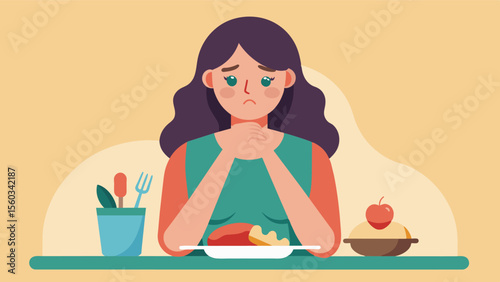 A woman feels guilt and shame while eating because of the constant messaging in adver that promote thinness and perfection as the only acceptable body type.. Vector illustration