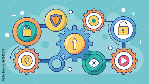 Illustration of interconnected gears and icons representing security and functionality