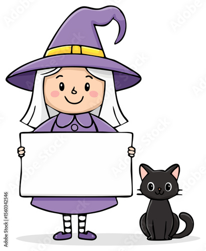 Cute cartoon halloween witch holding a blank sign with room for text
