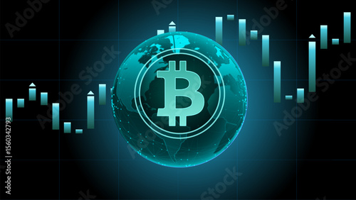 The Bitcoin symbol appears in front of a digital currency trading chart background. Concept of cryptocurrency investment and financial market analysis.