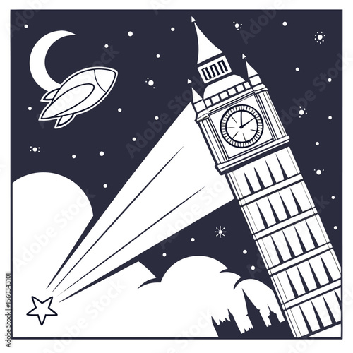 Illustration of big ben with a rocket ship and star in a night sky with clouds and city skyline view