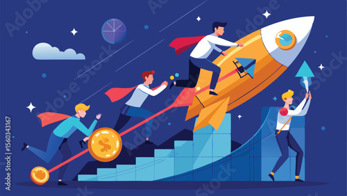 Teamwork propelling rocket to success with financial growth in a night sky setting in vector art