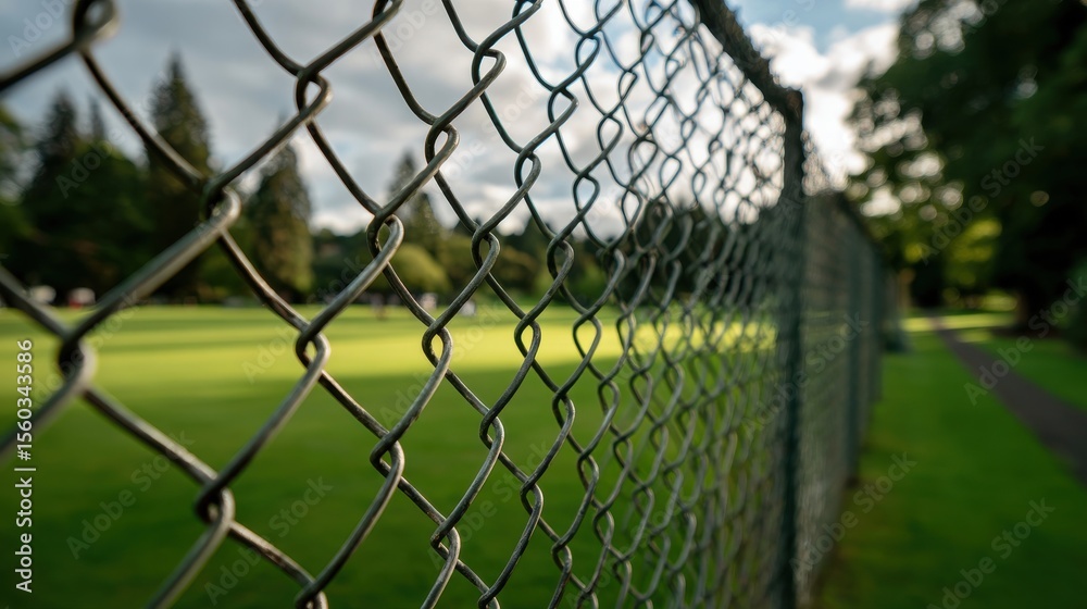 Obraz premium A 4K photo of extreme close-up of chain link fence with background of lawn and trees.