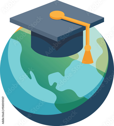 Global education graduation cap on earth