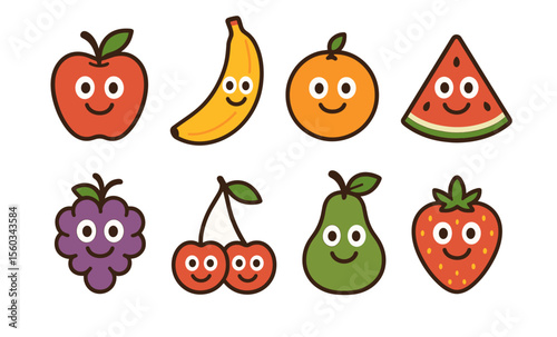 Cute happy fruit characters with smiling faces on white background