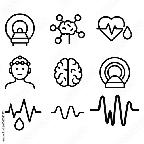 Collection of medical brain and heart icons isolated on white background