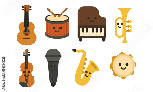Cute musical instrument icons featuring guitar, piano, trumpet, and more