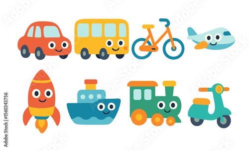 Colorful cartoon transportation icons: car, bus, bicycle, airplane, rocket, ship, train, scooter