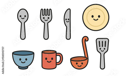 Cute smiling kitchen utensils and tableware cartoon illustration