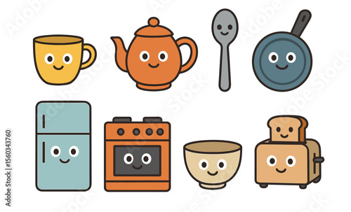 Cute smiling kitchen utensils and appliances with adorable faces