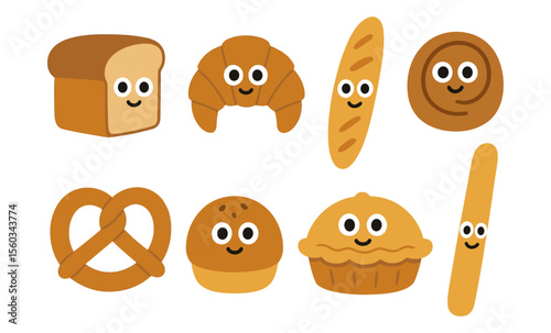 Cute cartoon baked goods with smiling faces: bread, croissant, pretzel, and more