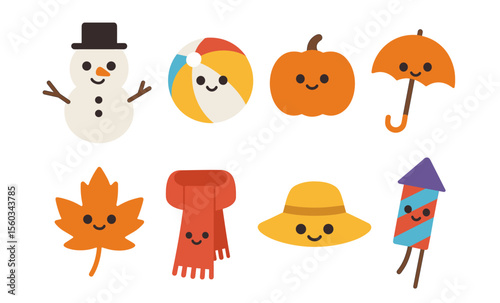 Cute seasonal icons with smiling faces: snowman, beach ball, pumpkin, umbrella, leaf, scarf, hat, firework
