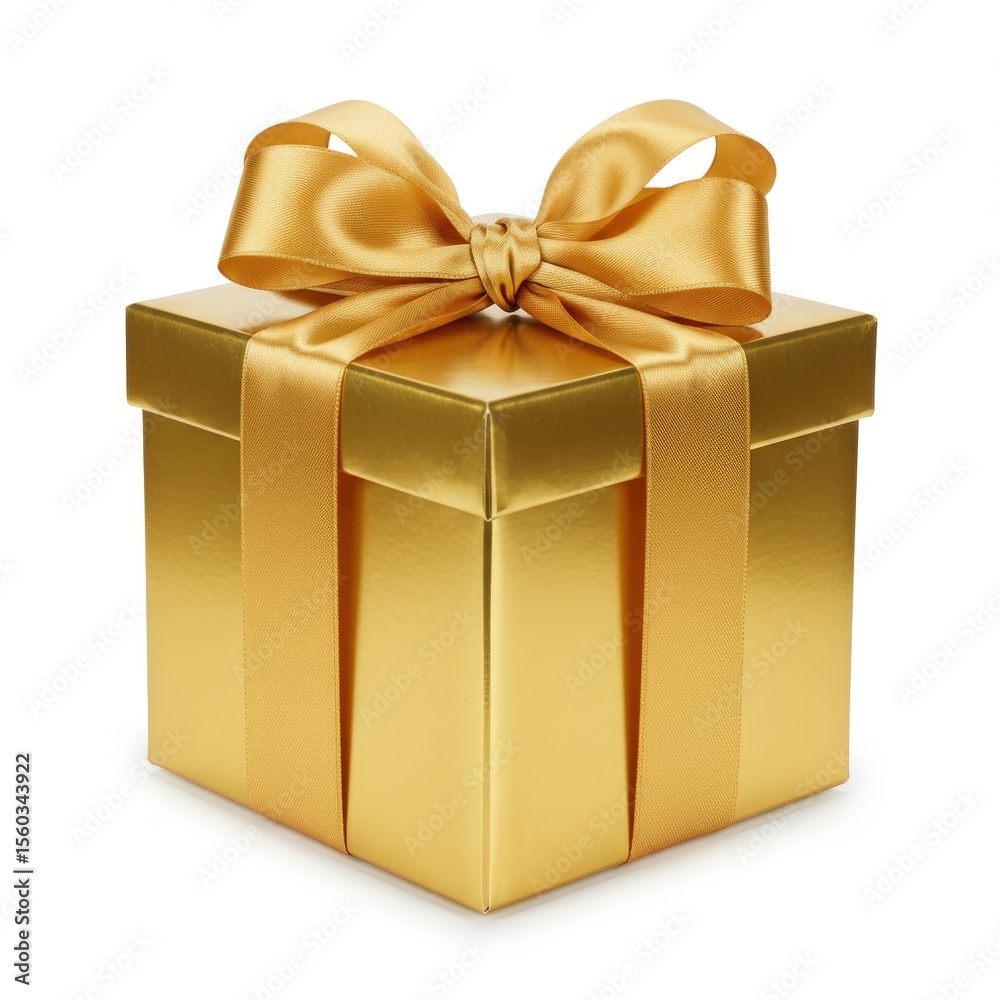 Obraz premium A gold gift box with a golden ribbon bow, isolated on white background