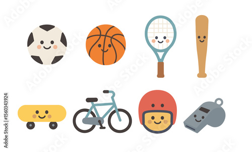 Cute kawaii sports equipment and activities: soccer, basketball, tennis, baseball, cycling, skateboarding