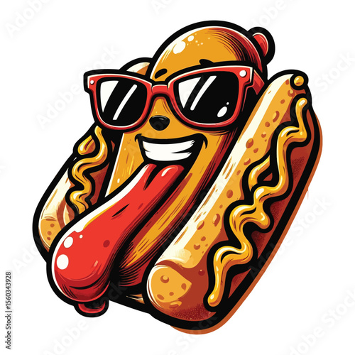 An illustration of a personified hot dog with a happy face, a sticking-out tongue, and wearing trendy sunglasses