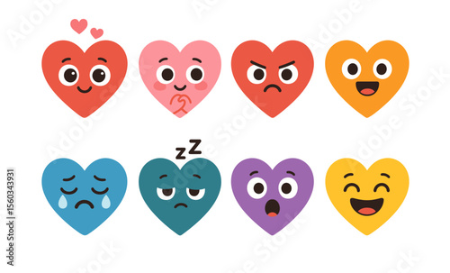 Colorful heart emojis displaying a variety of emotions on white background