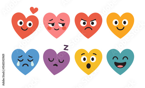 Colorful heart emoji collection expressing diverse emotions and facial expressions