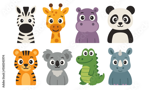 Cute cartoon animal faces: zebra, giraffe, hippo, panda, tiger, koala, crocodile, rhino