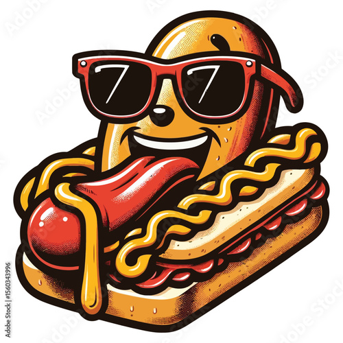An illustration of a personified hot dog with a happy face, a sticking-out tongue, and wearing trendy sunglasses