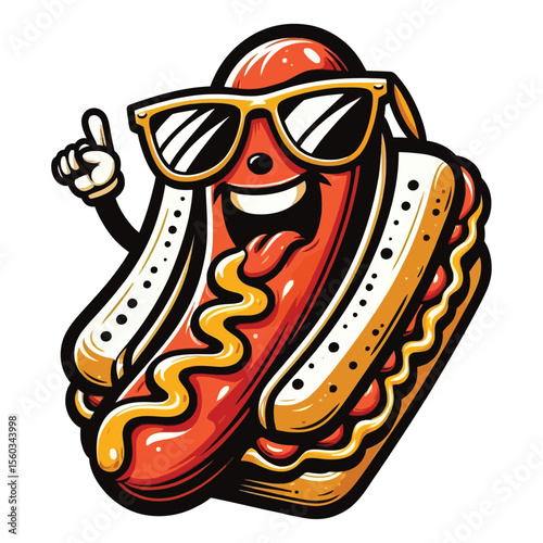 An illustration of a personified hot dog with a happy face, a sticking-out tongue, and wearing trendy sunglasses