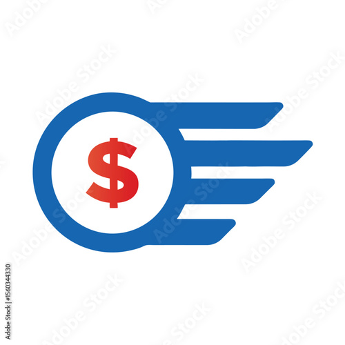 Red dollar symbol with blue wings money finance