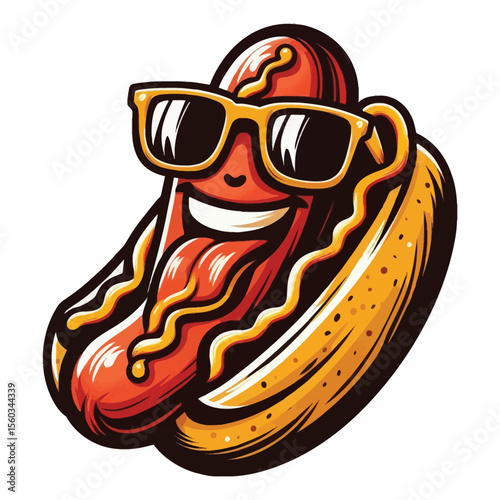 An illustration of a personified hot dog with a happy face, a sticking-out tongue, and wearing trendy sunglasses