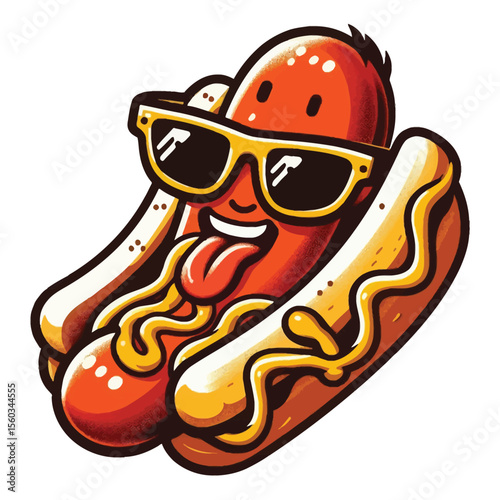 An illustration of a personified hot dog with a happy face, a sticking-out tongue, and wearing trendy sunglasses