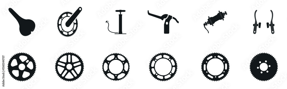 Fototapeta premium Gear Set Seamless Pattern Vector Collection of Gears. Advertisement for a bicycle shop. Bicycle details in dark silhouettes. Bike sprocket black bike parts Vector illustration 