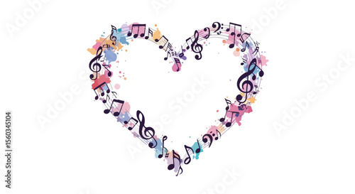 A watercolor heart shape filled with floating music notes and colorful splashes in soft pastel tones.