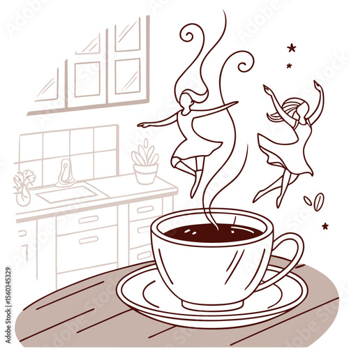 A cup of coffee on a table with steam forming dancing figures in a kitchen setting with stars and beans