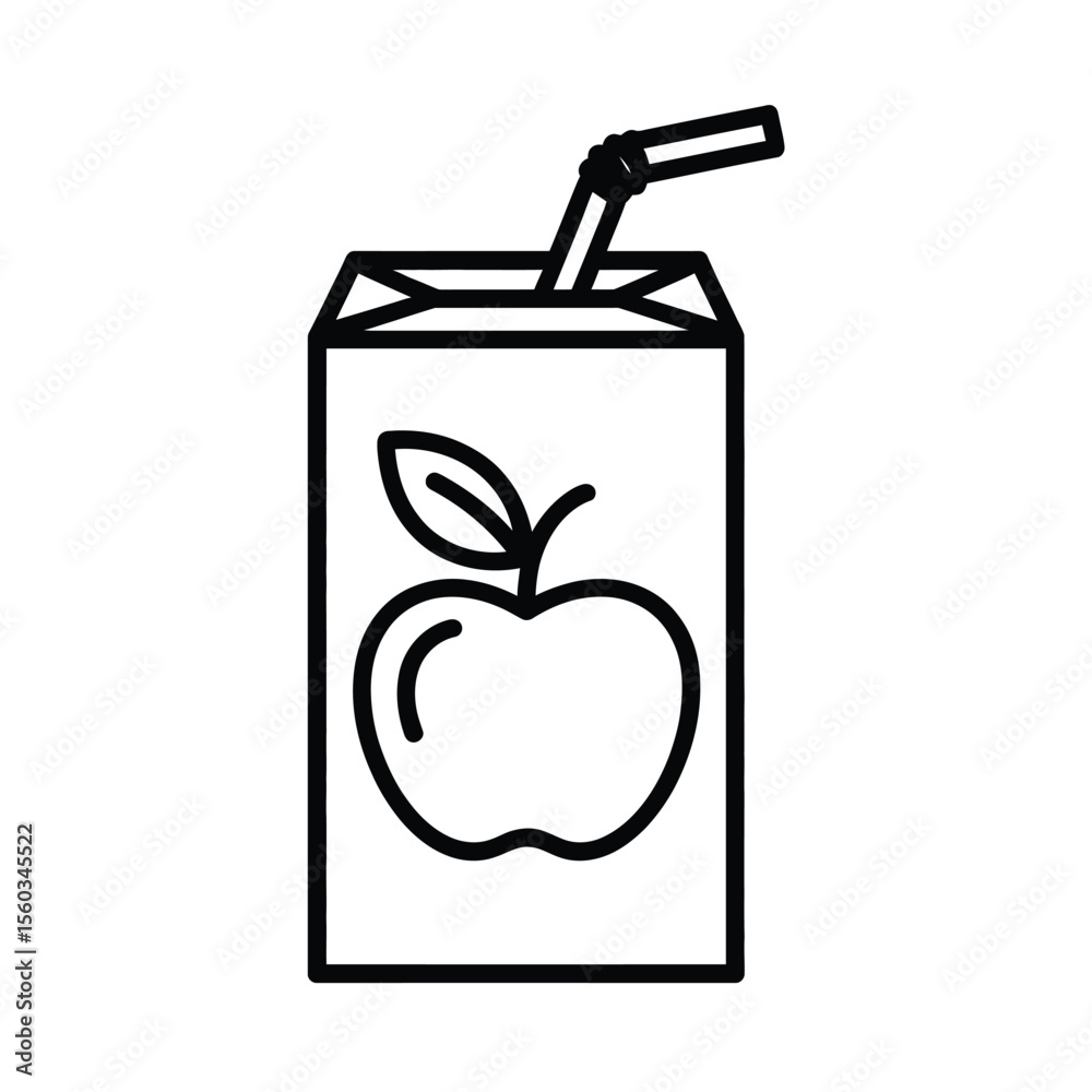 Simple black and white line art icon of an apple juice box with a straw Simple black and white line art icon of an apple juice box with a straw