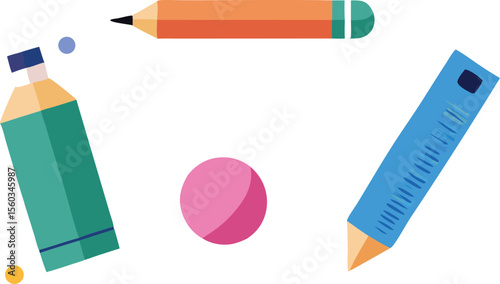 Colorful stationery items and eraser on white background