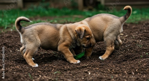 Two playful puppies playing in dirt