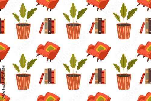 Seamless pattern with cozy interior with house plants. Vector illustration of armchair, bookshelf plants and books collected in ornament on white background