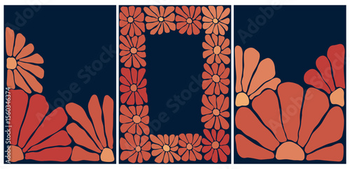 Mid Century Floral Frame Collection, Retro Daisy Flower Border Set, mid, century, modern, floral, frames, collection