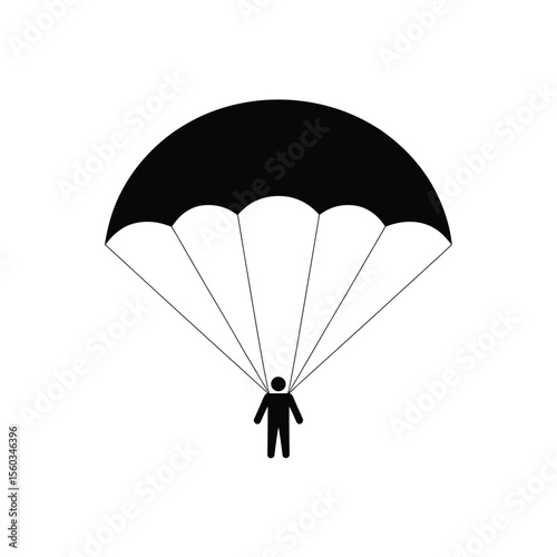 Black and White Parachuting Icon Depicting a Person with Parachute