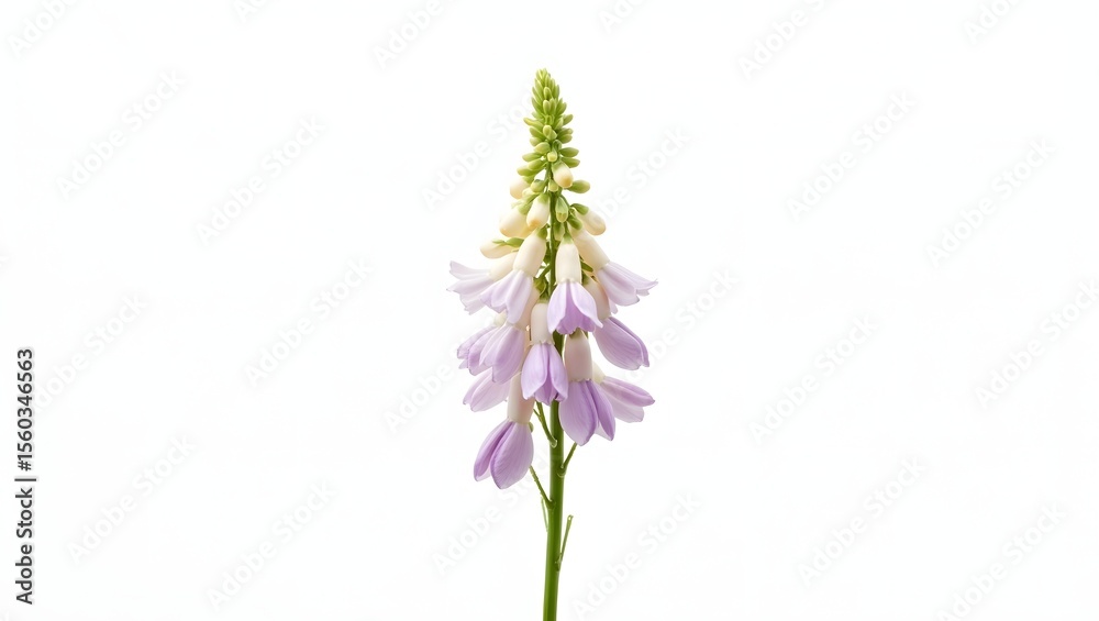 Fototapeta premium Photorealistic image of an Astragalus flower stem isolated on white. Small legume-shaped blooms and feathery green leaves. Detailed botanical macro with soft lighting.
