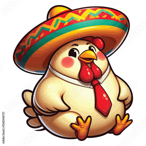 A picture of a fat, yellow-and-white chicken. The chicken has pink cheeks and is sitting, smiling mischievously, and wearing a big red tie.