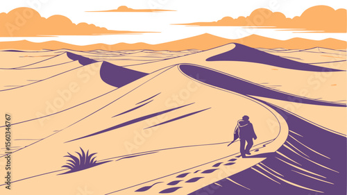 A lone figure walks across a vast desert landscape with rolling sand dunes under a cloudy sky horizon line
